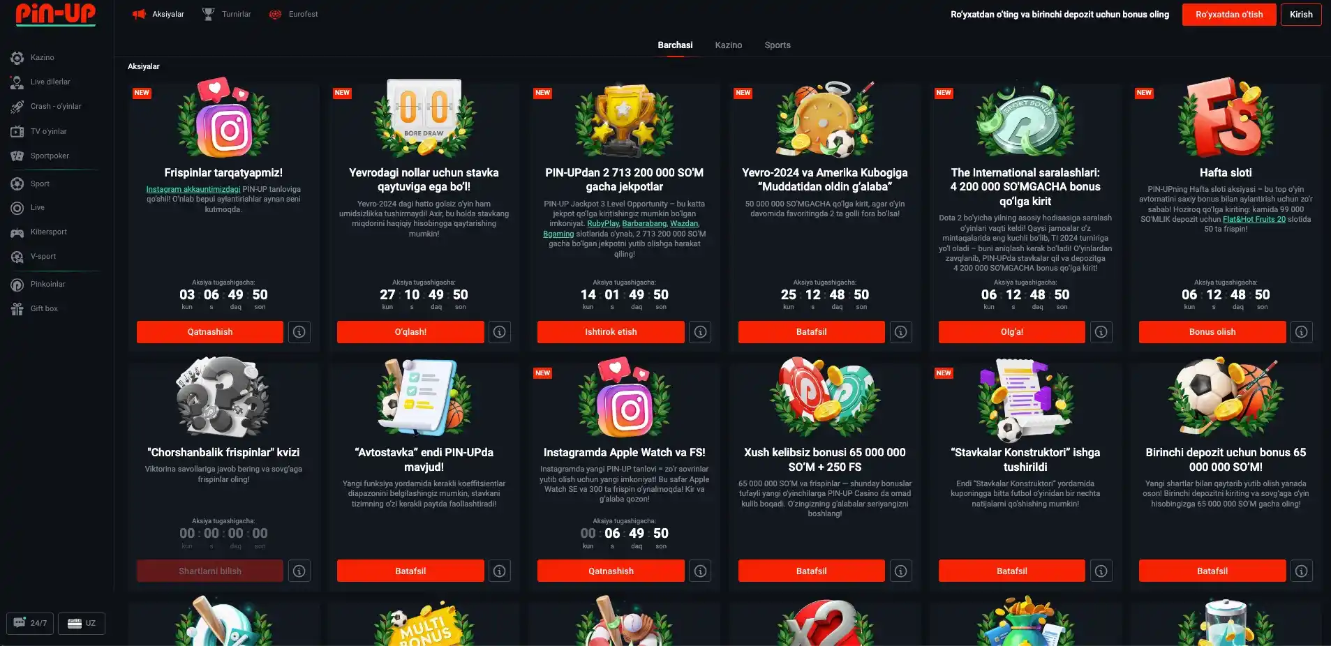 Pin Up casino bonuslar va aksiyalar